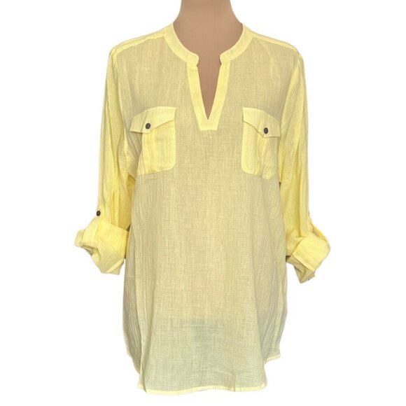 NWT 100% Cotton Tunic Top  Sz.L Pastel Yellow Crinkle V-Neck Minimalist Cottage - Picture 12 of 12
